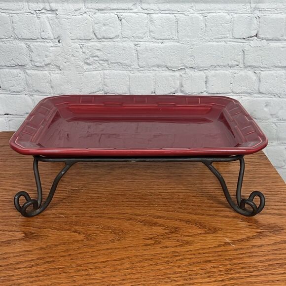 Longaberger Paprika Woven Traditions Pottery Serving Platter  Wrought Iron Stand - Picture 1 of 10